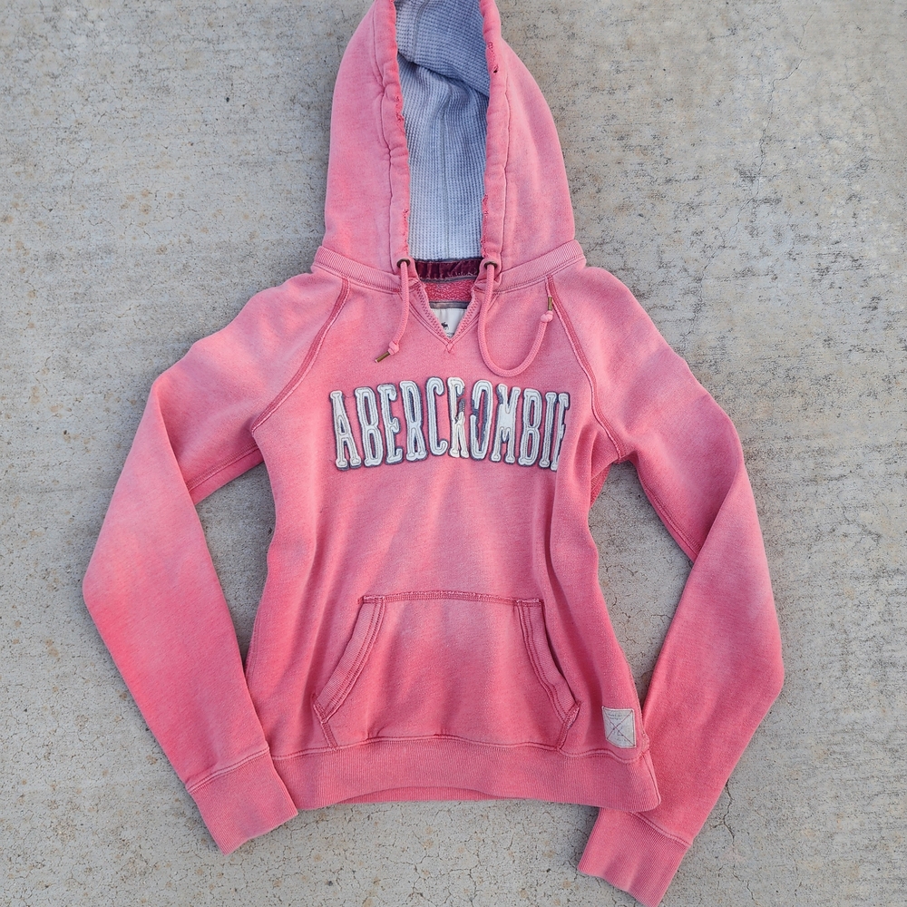 Y2K 2000s Abercrombie & Fitch Coral Pink Ombre Distressed Thermal‎ Hoodie, Sz L